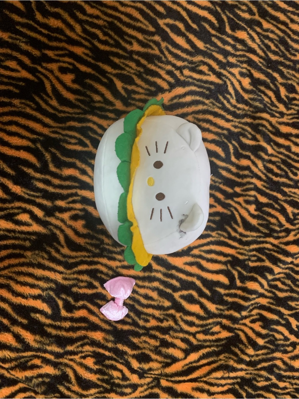 Hello Kitty White Plush Head with Green and Yellow Detail and Pink Bow